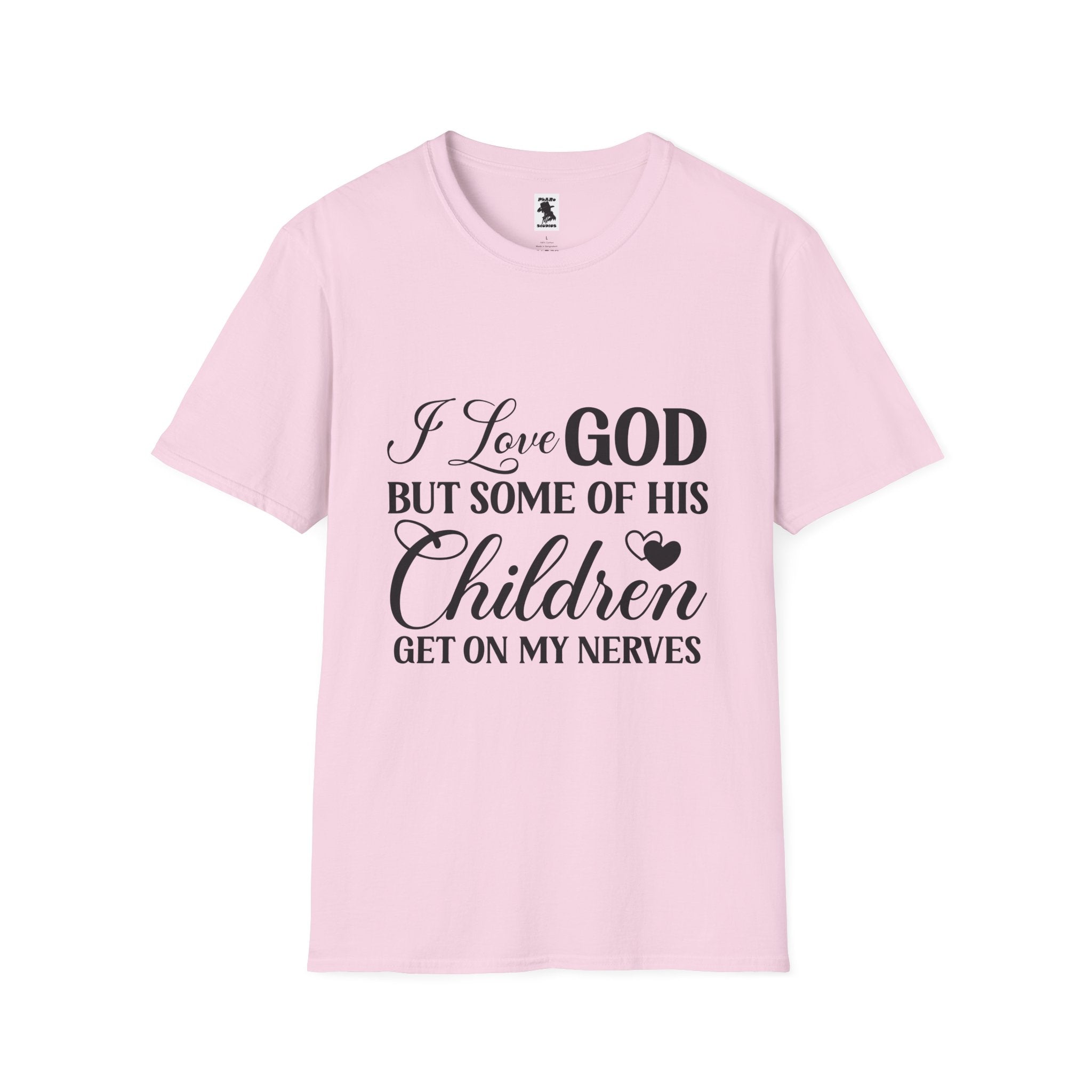 Funny Christian Unisex Softstyle T-Shirt - 'I Love GOD But Some of His Children Get on My Nerves'