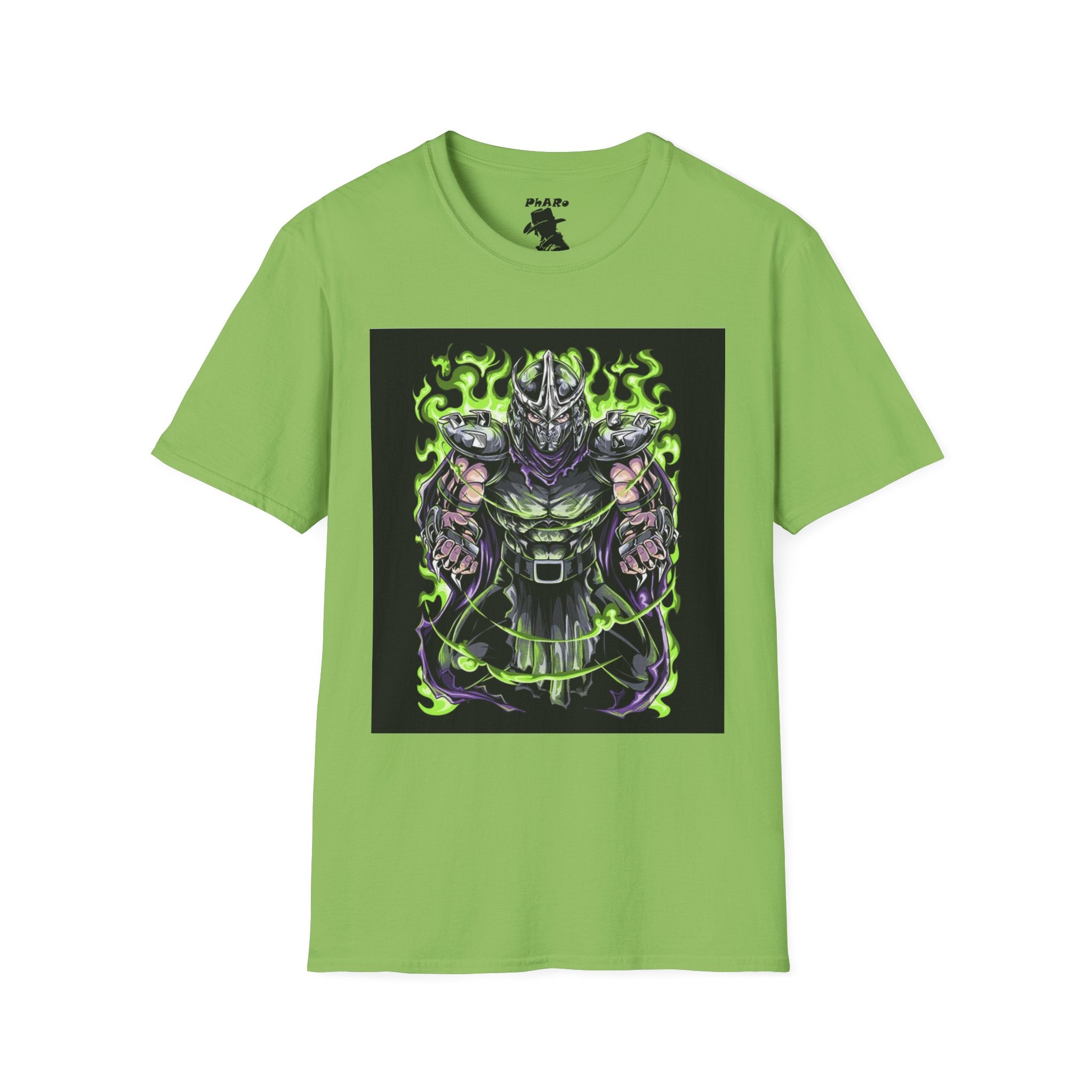 Unisex Softstyle T-Shirt - Dark Villain Graphic Tee with Green Flames