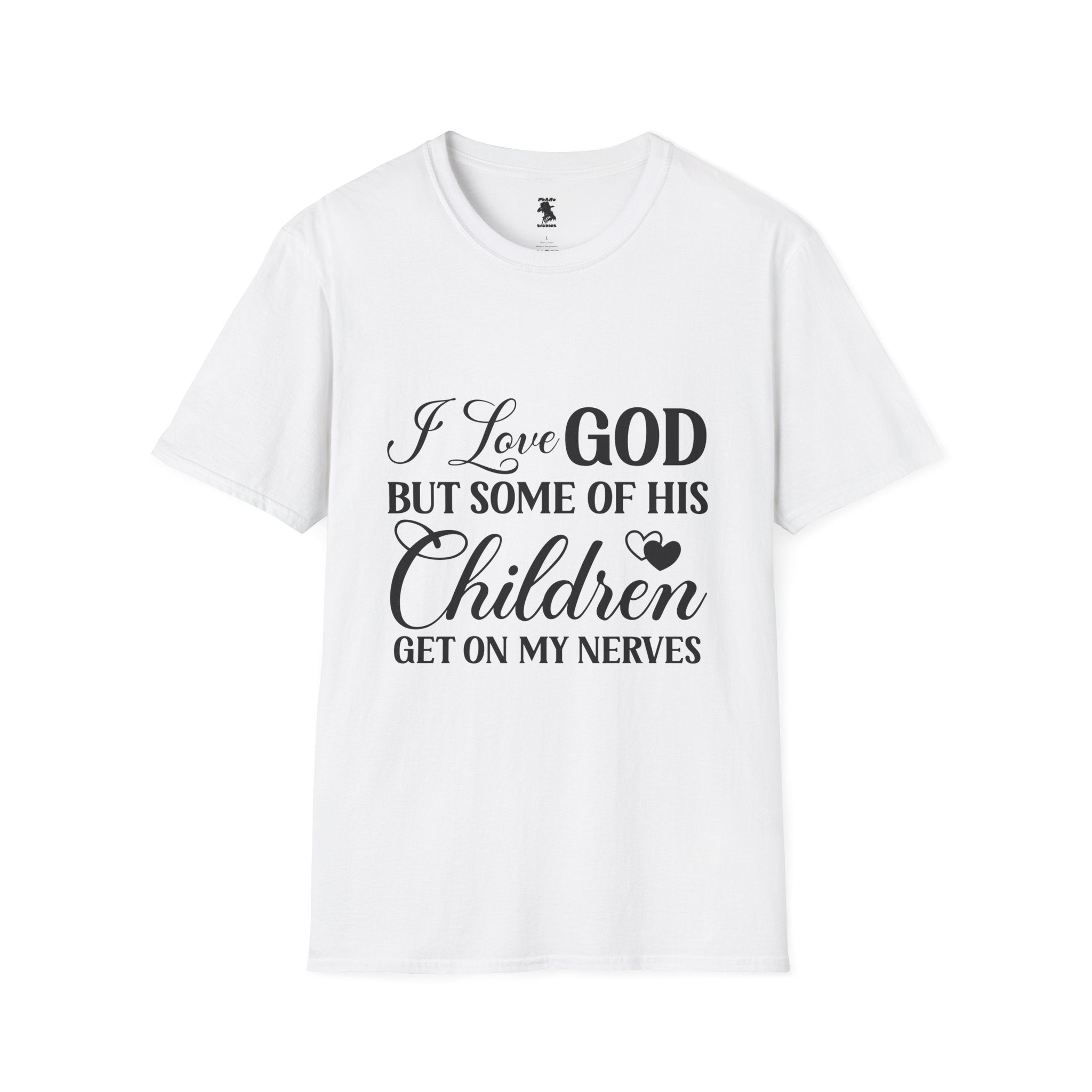 Funny Christian Unisex Softstyle T-Shirt - 'I Love GOD But Some of His Children Get on My Nerves'