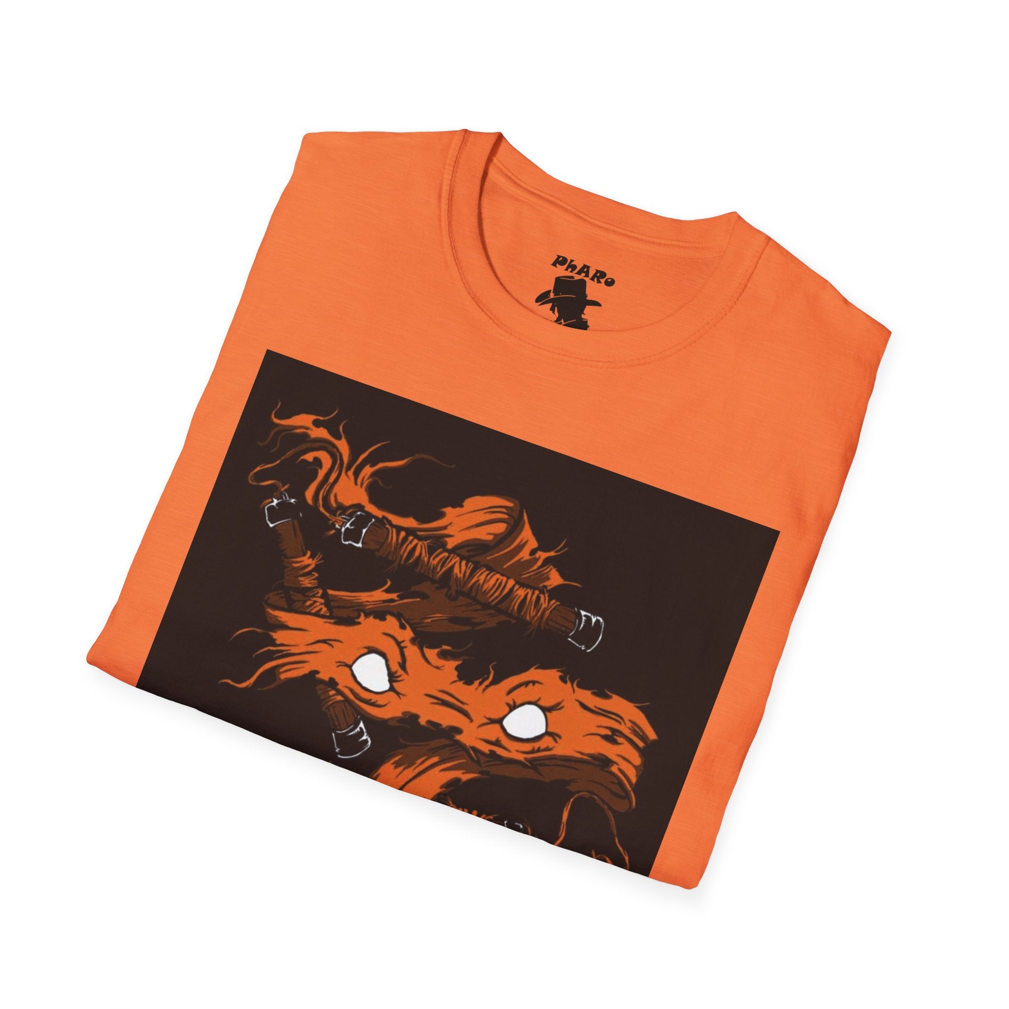 Unisex Softstyle T-Shirt - Orange Nunchuck Bold Graphic Design