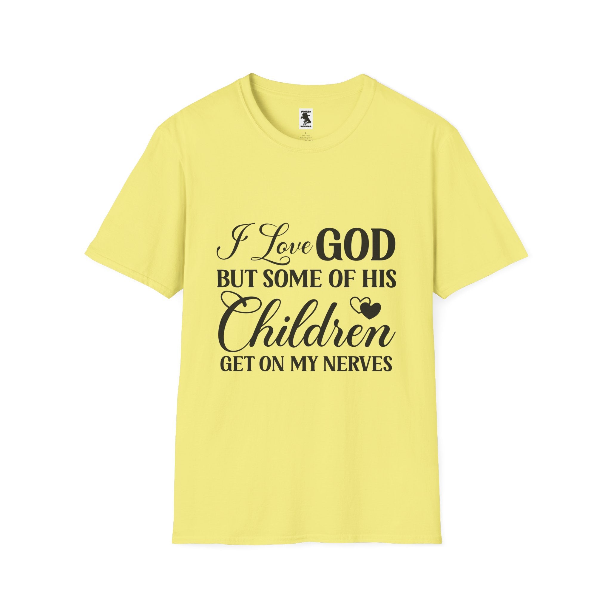 Funny Christian Unisex Softstyle T-Shirt - 'I Love GOD But Some of His Children Get on My Nerves'