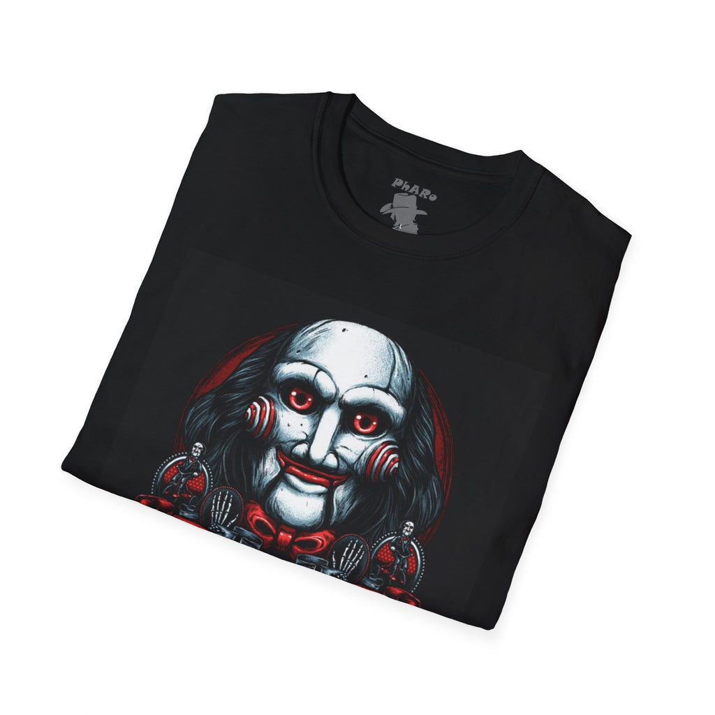 Creepy Game Jigsaw Unisex Softstyle T-Shirt - Perfect for Halloween and Horror Fans