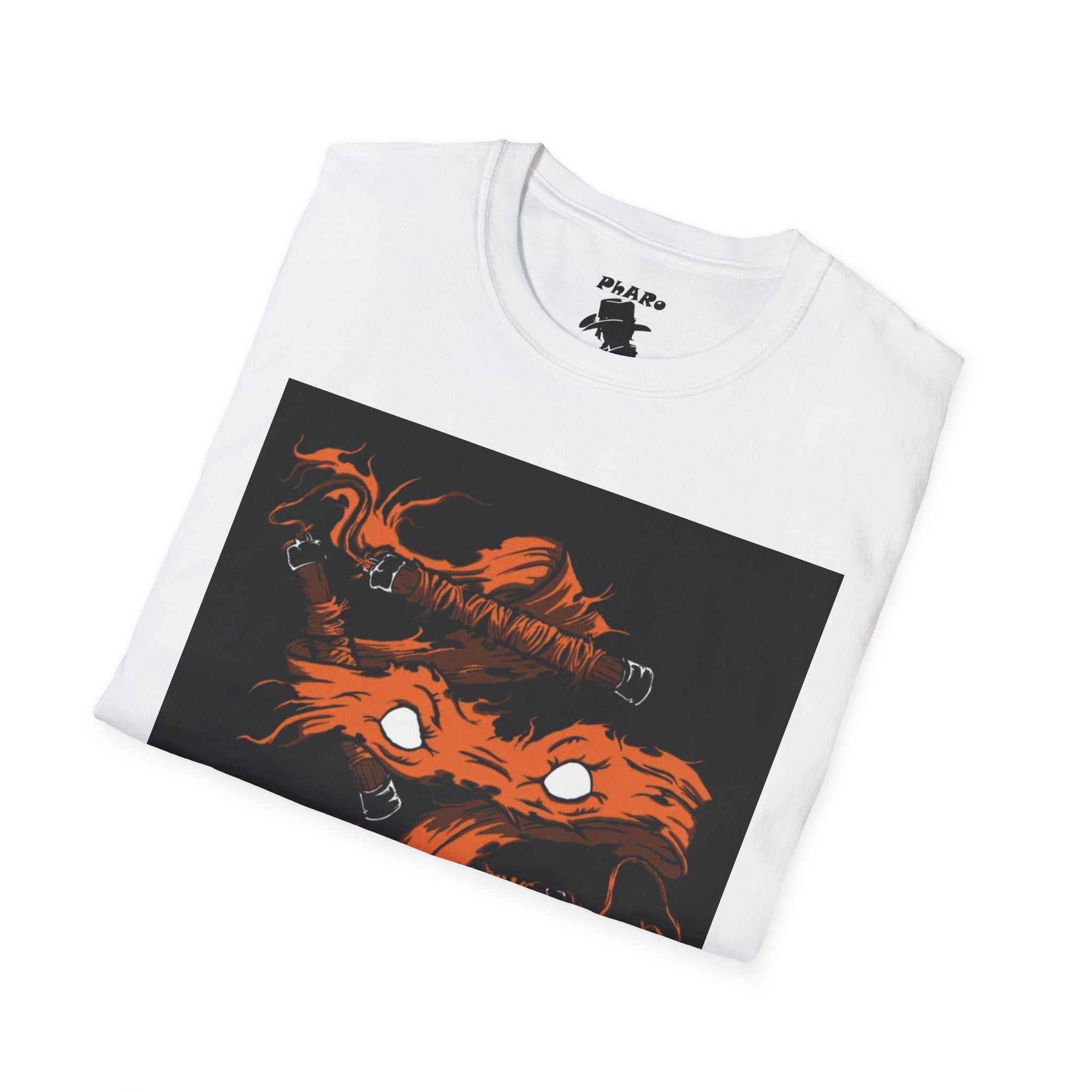 Unisex Softstyle T-Shirt - Orange Nunchuck Bold Graphic Design