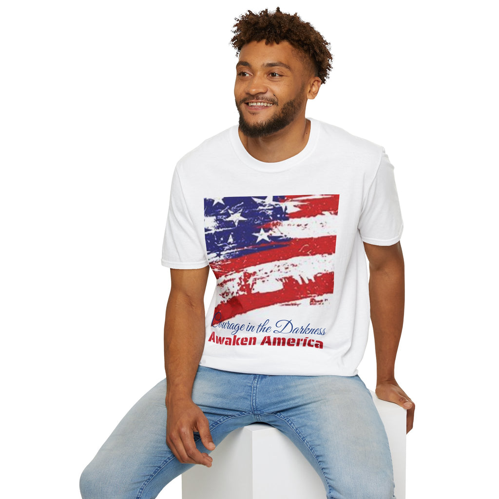 Courage in the Darkness T-Shirt, Unisex Softstyle Tee for Freedom Lovers, 'Awaken America' Graphic Shirt, Perfect for Holidays, Gift Idea