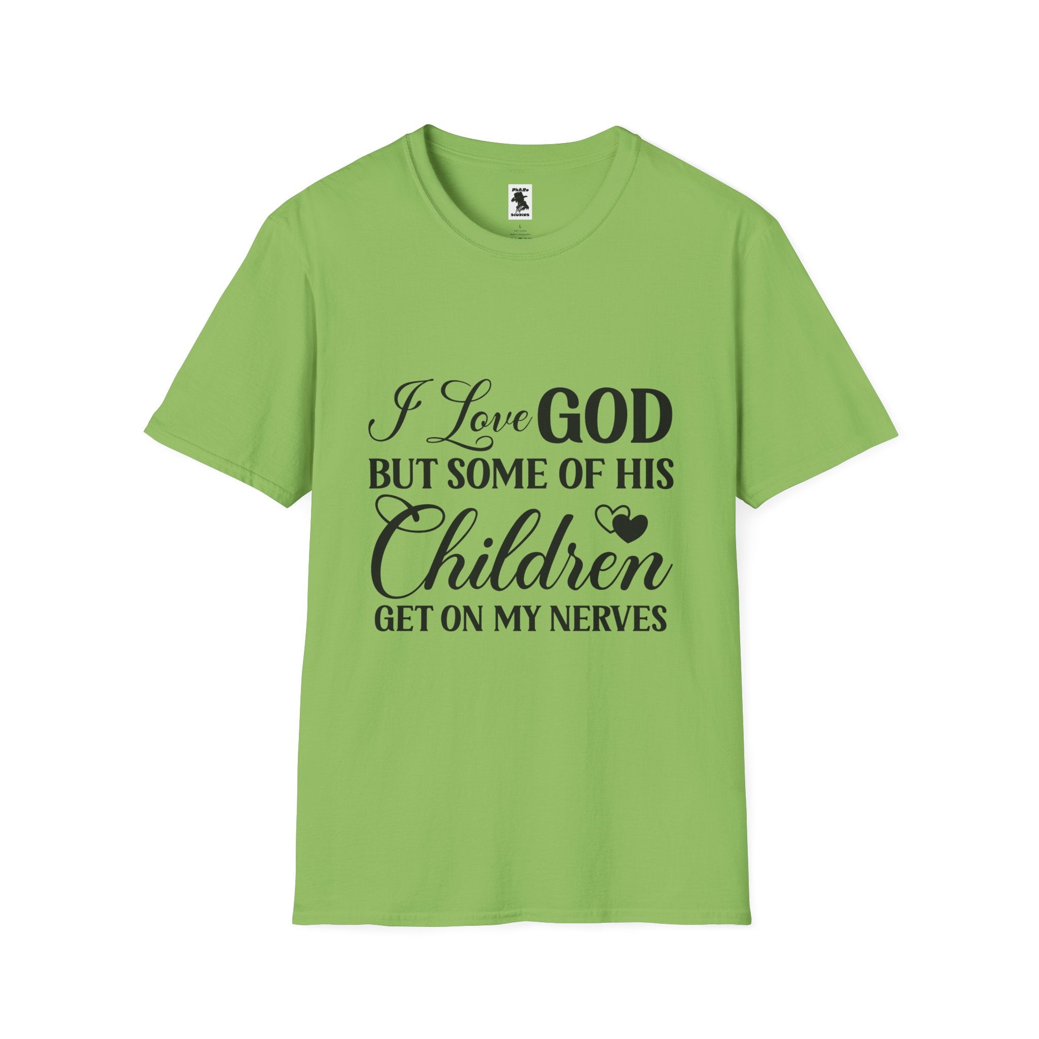 Funny Christian Unisex Softstyle T-Shirt - 'I Love GOD But Some of His Children Get on My Nerves'