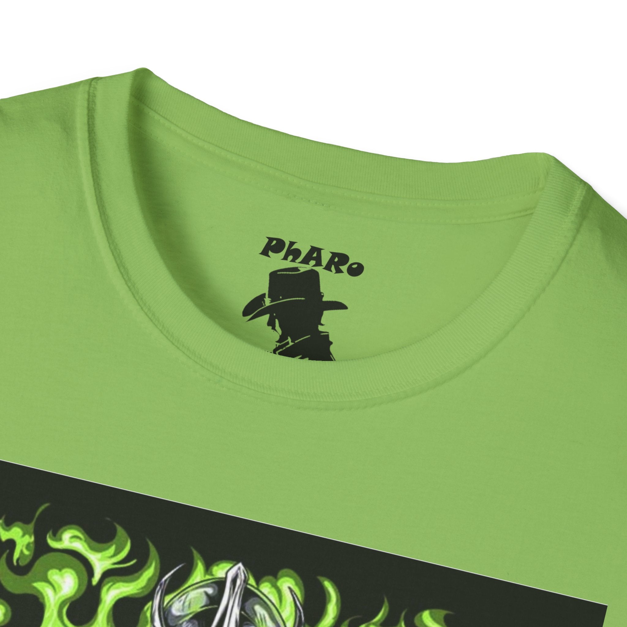 Unisex Softstyle T-Shirt - Dark Villain Graphic Tee with Green Flames