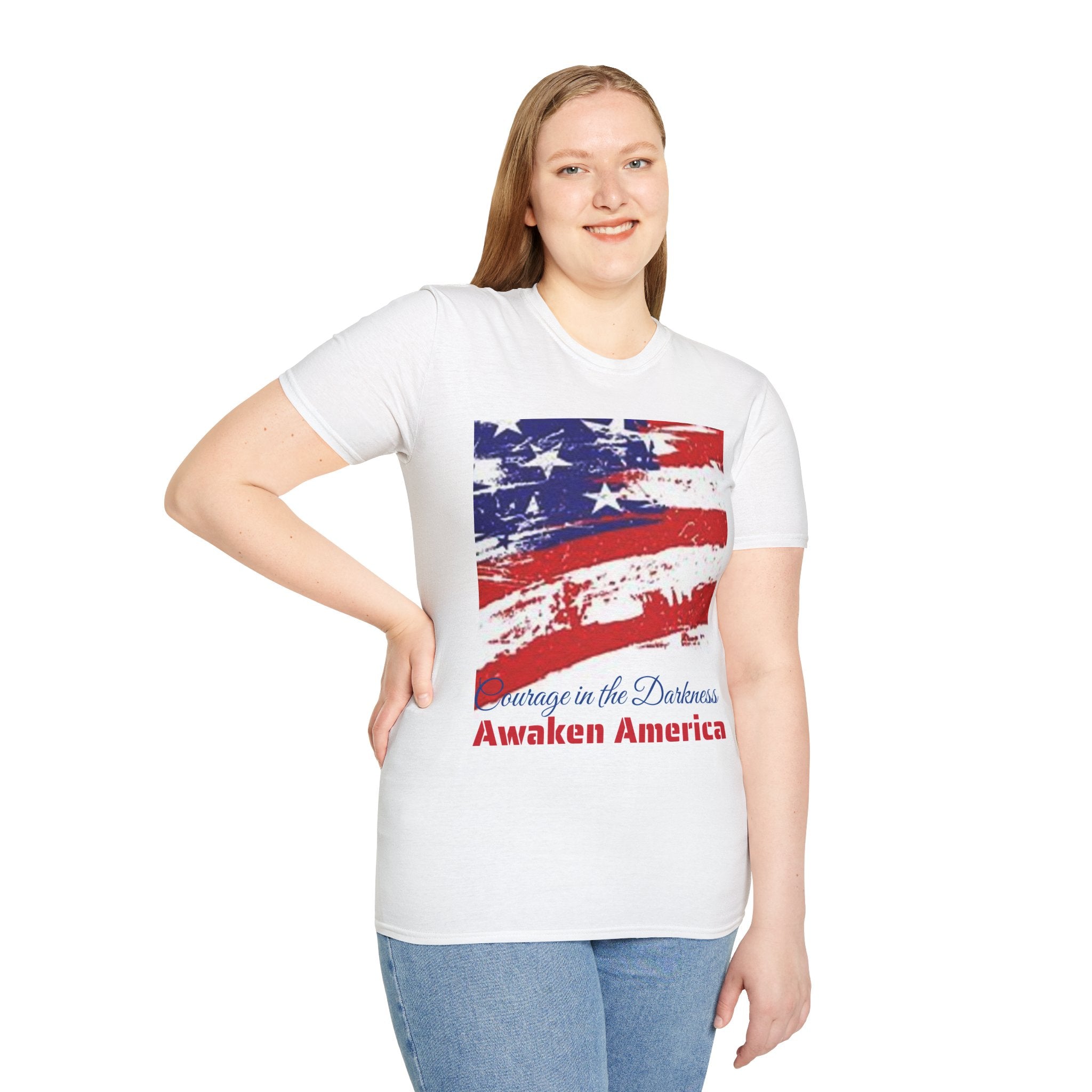 Courage in the Darkness T-Shirt, Unisex Softstyle Tee for Freedom Lovers, 'Awaken America' Graphic Shirt, Perfect for Holidays, Gift Idea