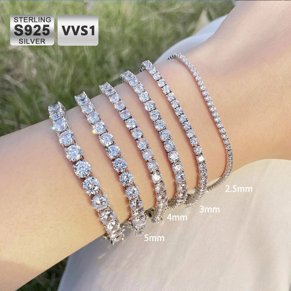 925 Silver VVS Moissanite Tennis Bracelet 2/3/4/5 MM Iced Out Diamond Tennis Chain
